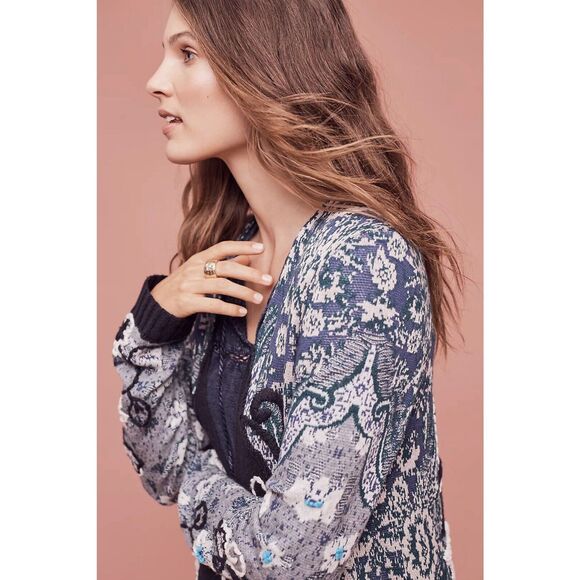 Anthropologie HWR Monogram Emmia Hand Stitched Cardigan Sweater Medium Floral - Picture 8 of 8